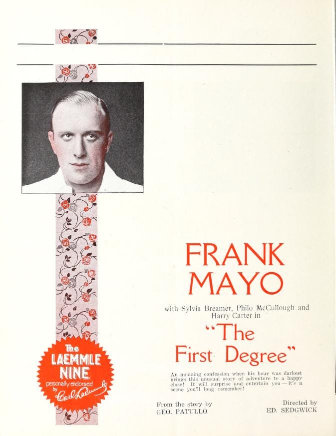 Ad for The First Degree  in Universal Weekly (vol. 16, no. 16), December 2 1922. Via Media History Digital Library.