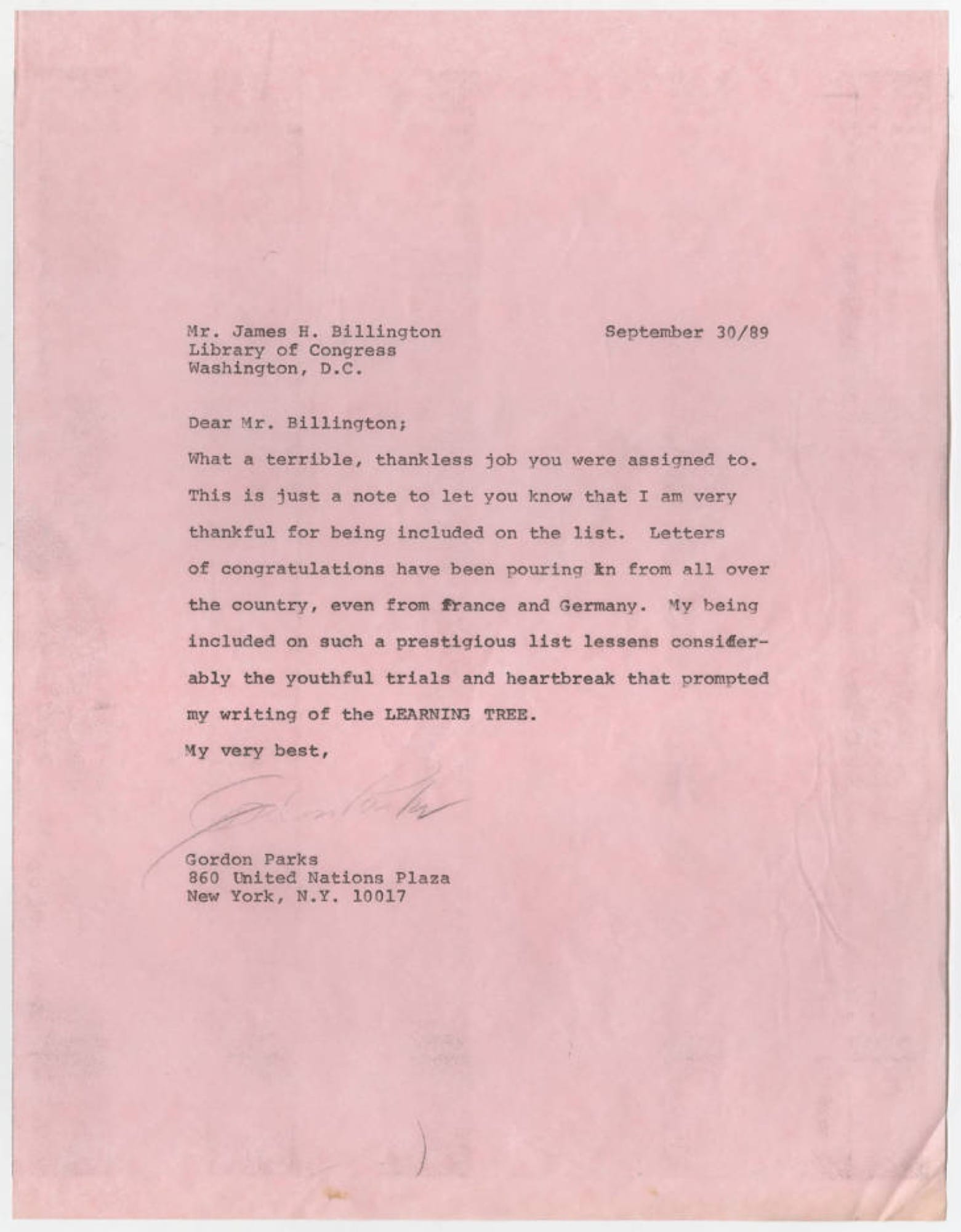 Billington Letter to Gordon Parks